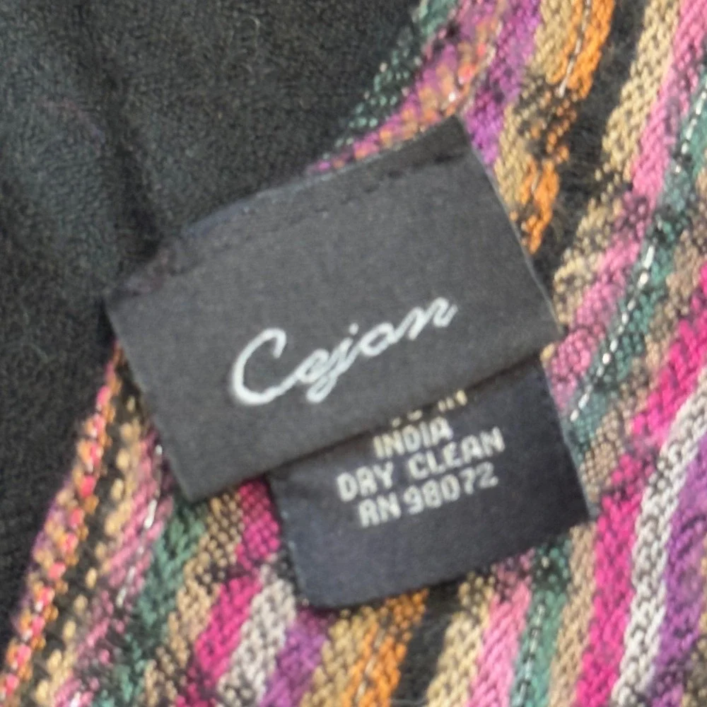 Cejon Black Viscose Scarf Multi Color Metallic Striped Border Fringe Wrap India